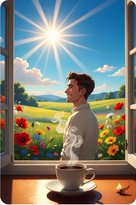 A digital illustration of a man looking out an open window at a sunlit meadow filled with red poppies, with a steaming cup of coffee on the windowsill in the foreground.