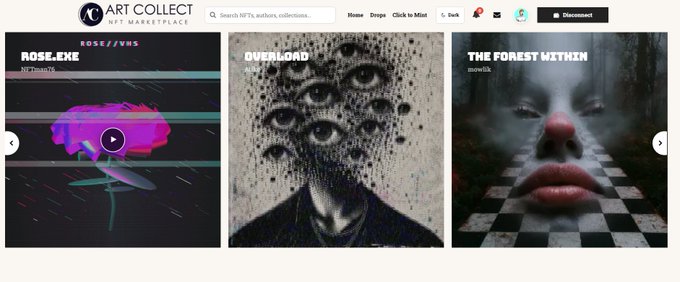 A screenshot of the Art Collect NFT Marketplace homepage displaying featured NFT collections including 'ROSE.EXE' by ROSE//VNST, 'OVERLOAD' by VOICE, and 'THE FOREST WITHIN' by moveit.