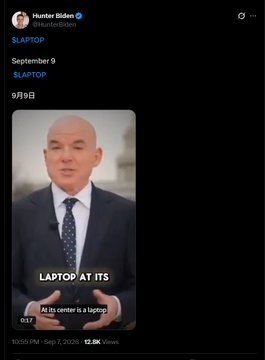 A tweet by Hunter Biden (@HunterBiden) displays a short video clip of a bald man in a suit and tie speaking, with overlaid text reading "LAPTOP AT ITS" and "At its center is a laptop." The video, posted on September 9, appears to reference the controversial "laptop" story, which connects to the accompanying post's mention of scientists being "at war" and the political scrutiny surrounding the Biden family.
