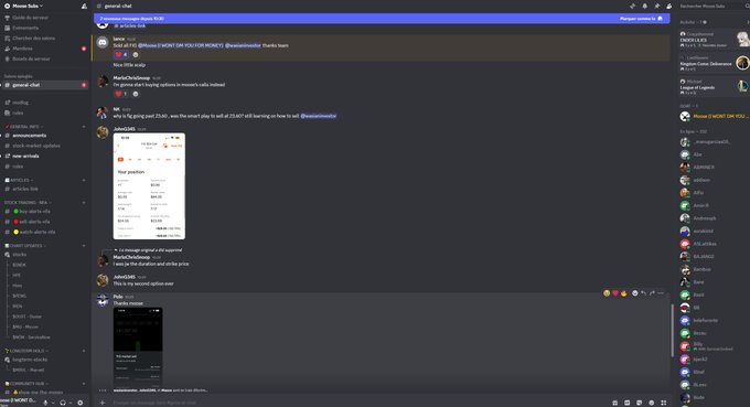 A Discord channel shows a "MambaTradehouse" alert for $FIG at 23.05, followed by a screenshot of the user's portfolio with green gains across multiple positions, reflecting the community's celebration of a breakout trade. The "0" reactions and "PayPal" image posted in the chat confirm the post's emphasis on sharing the win with the community.