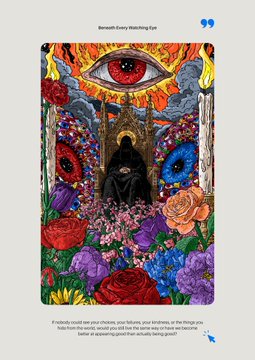 A tarot-style card artwork titled 'Bennett-Every Withering Eye' features an all-seeing eye, a dark hooded figure, and vibrant roses with text about freedom and awakening.