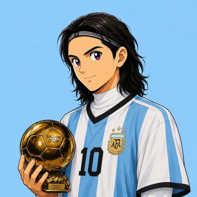 An anime-style illustration depicts a long-haired soccer player in an Argentina national team jersey (number 10 with the AFA crest) holding a golden Ballon d'Or trophy inscribed with "BALLON D'OR" and "FRANCE FOOTBALL." The image appears unrelated to the post's message about Discord collab requests and serves as decorative or thematic artwork for the user's profile.