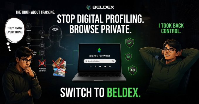 An advertisement for 'BELDEX' promotes private browsing with the text 'STOP DIGITAL PROFILING. BROWSE PRIVATE.' and 'SWITCH TO BELDEX', featuring illustrations of a worried and a relaxed person.