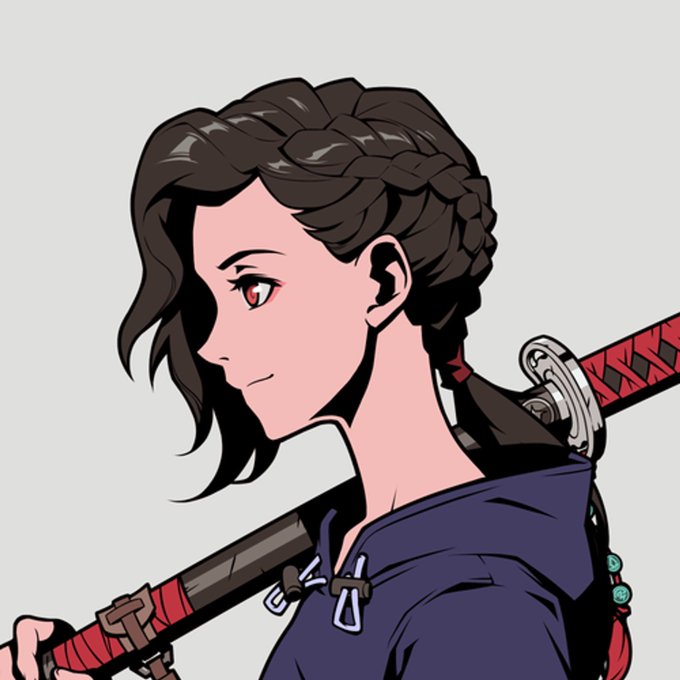 A digital anime-style illustration of a young woman with dark braided hair, striking red eyes, and a dark blue top, holding a red-wrapped sword hilt over her shoulder.
