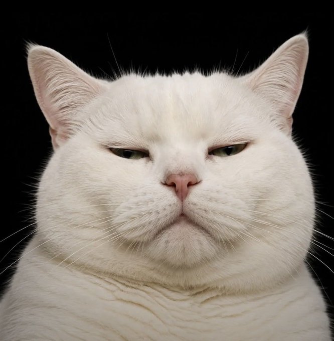 A close-up portrait of a white cat with a stern, unamused expression set against a black background.