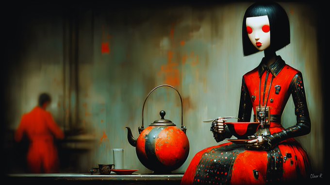 A dark, surreal digital painting features a stylized female figure with a black bob and red cheeks in a red and black outfit holding a teacup, seated next to a red and black teapot.