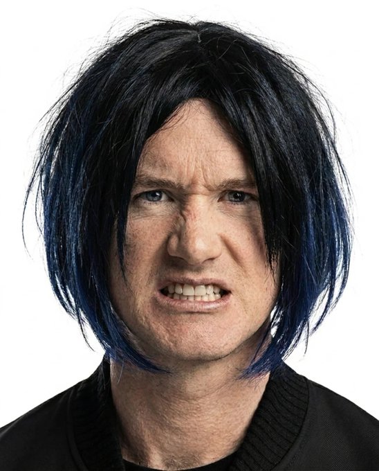 A close-up portrait of a man with a shaggy black wig with blue tips, grimacing angrily at the camera against a white background.