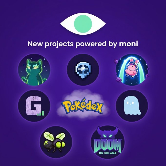 A purple promotional graphic for 'moni' featuring an eye logo and the text 'New projects powered by moni', displaying various game icons including a green cat, a skull, a character with a sword, and 'DOOM ON SOLANA'.