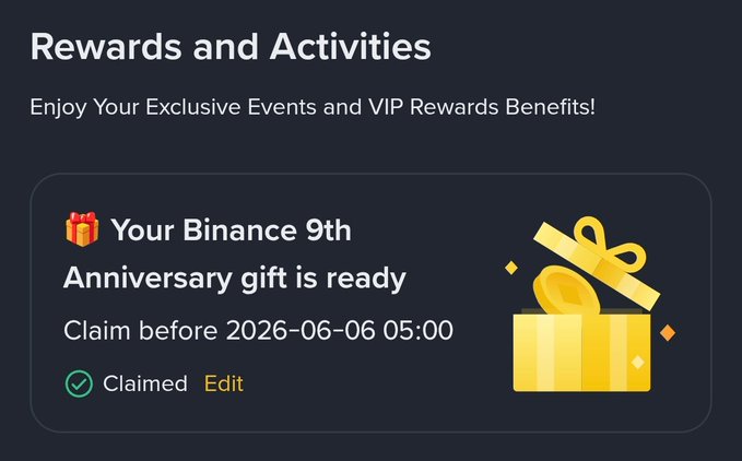 The image features a black background with a banner displaying an announcement related to the #Binance 9th Year Anniversary Swag or promotional gift. The text in the image reads "Your Binance 9th Year Anniversary Swag", which indicates that there is something special happening for the upcoming anniversary. Additionally, it includes details about the gift's status and instructions on how to claim the prize. The focus of this message is on promoting the event and the swag item related to it within a Facebook group, suggesting that members of the group have already confirmed their participation or interest in the giveaway.