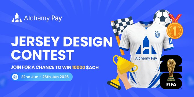 The image shows a blue banner for an advertisement, featuring various sports balls including a soccer ball as well as a football. There are also small yellow trophies and other decorative objects like a trophy and medals scattered around. Additionally, text in the image indicates that a World Cup is coming up soon with #AlchemyPay presenting the contest to win $1M+ for one of their clients who are designing a World Cup jersey design!