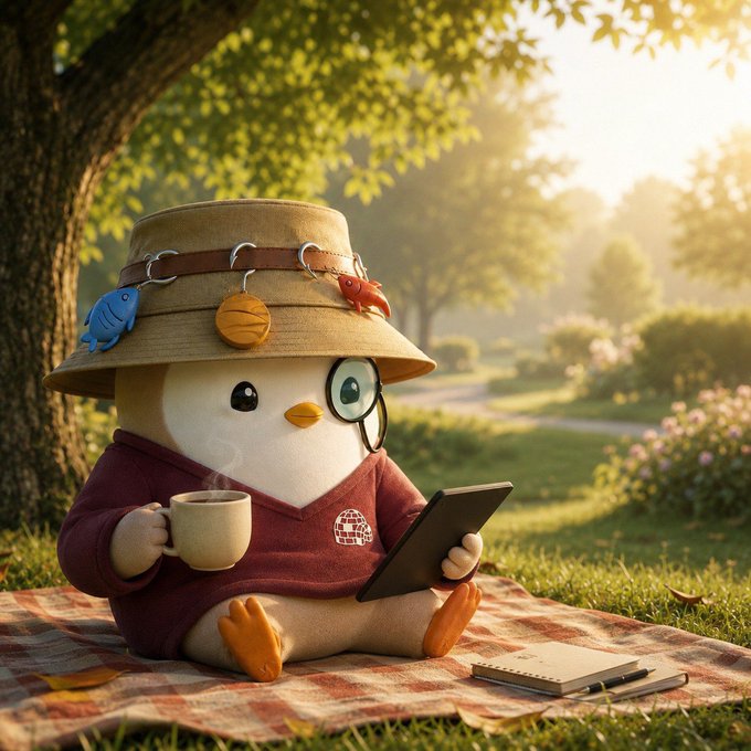 An adorable chick character wearing a sun hat with fish and crab charms, glasses, and a burgundy hoodie sits on a picnic blanket holding coffee and a tablet in a sunlit park.