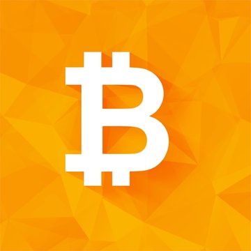 A bright orange geometric background featuring a large white Bitcoin '₿' symbol in the center.