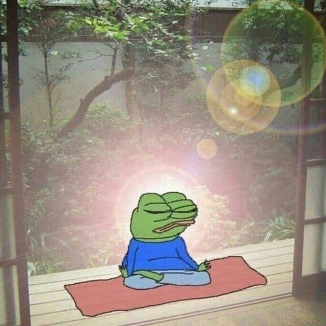A Pepe the Frog meme sits peacefully meditating on a red mat in a serene Japanese garden, bathed in warm sunlight with lens flares. The image conveys a sense of calm, spiritual readiness and inner peace, fittingly illustrating the post's triumphant "GM CT — We are winning in these last days of August" message.