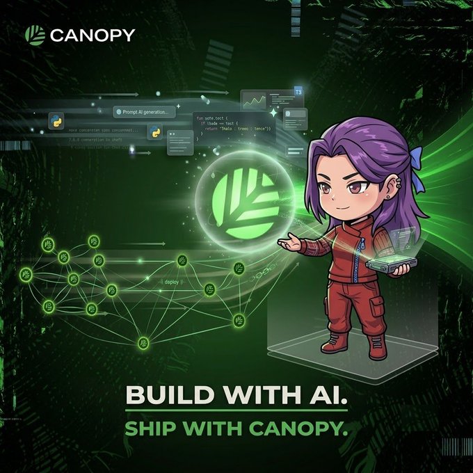 A chibi-style character with purple hair and a red outfit holds a glowing green Canopy logo orb, surrounded by AI-generated code snippets and a network deployment graph. The image's tagline reads "BUILD WITH AI. SHIP WITH CANOPY," visually reinforcing the post's message that @CNPYNetwork empowers builders by providing flexible onchain infrastructure for launching their own apps.