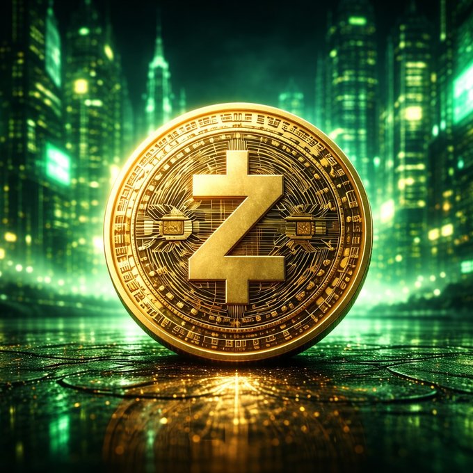 A gleaming gold Zcash (ZEC) coin with the stylized "Z" symbol rests on a reflective surface against a vibrant green cyberpunk cityscape, visually emphasizing the cryptocurrency's potential for growth relative to Bitcoin as discussed in Grayscale's market analysis.