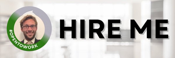 A banner graphic featuring a circular photo of a smiling man with glasses and beard, surrounded by the text '#OPENTOWORK' and large bold text reading 'HIRE ME'.