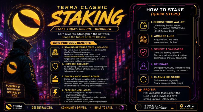 Promotional graphic for Terra Classic staking, featuring the Luna logo and text 'TERRA CLASSIC STAKING - STAKE TODAY. SECURE TOMORROW.' It outlines core protocol benefits including staking rewards, network security, governance voting power, and flexible mechanisms, alongside a 5-step quick guide on how to stake LUNC.