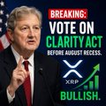 A political thumbnail shows Senator Tom Cotton standing at a podium with a "BREAKING: VOTE ON CLARITY ACT BEFORE AUGUST RECESS" banner overlaid, alongside a bullish XRP price chart icon. The image visually reinforces the post's announcement that the Senate is advancing toward a vote on the CLARITY Act, a cryptocurrency market structure bill that could impact XRP regulation.
