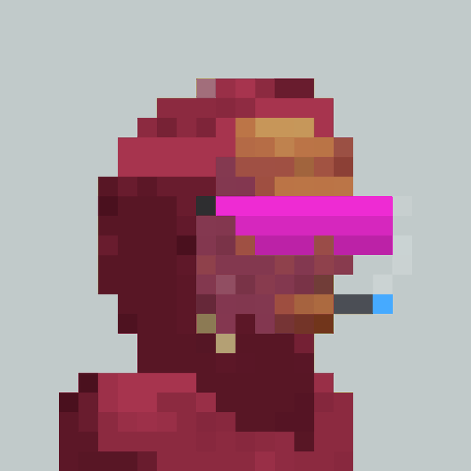 A low-resolution pixel art portrait of a person with red and brown hair wearing pink sunglasses against a light blue background.