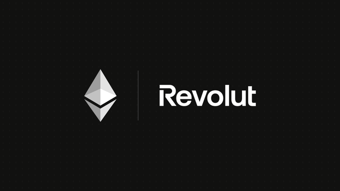 The image shows the "Revolut" logo, featuring a geometric Ethereum-style diamond symbol next to the company name in white on a black background, visually connecting the fintech platform Revolut with Ethereum's blockchain ecosystem.