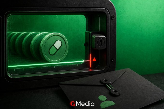A green-tinted 3D render shows a safe-like device with a laser scanning over a stack of pills, with a black envelope marked with green pills and a user icon in the foreground; the text "Q Media" appears at the bottom.