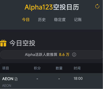 An airdrop calendar screen titled 'Alpha123空投日历' displaying an airdrop for AEON scheduled at 18:00.