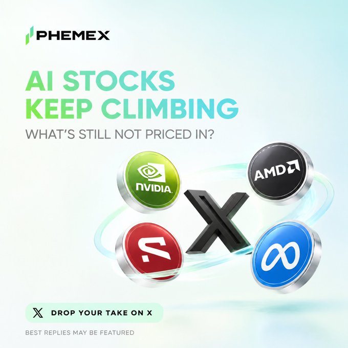 A Phemex promotional graphic with the headline "AI STOCKS KEEP CLIMBING — WHAT'S STILL NOT PRICED IN?" features logos for NVIDIA, AMD, a red "S" ticker, and Meta, arranged around a central X (Twitter) icon, inviting users to reply with their AI trade thesis for a chance to win a $20 USDT bonus.