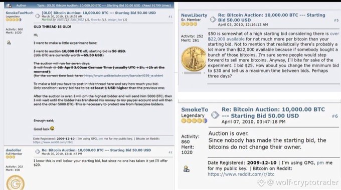 A forum thread compilation titled 'OLD THREAD IS OLD!' shows multiple Bitcoin auction listings, each offering 10,000.00 BTC for starting bids of $50.00 USD, posted by users like SmokeTooMuch, NewLiberty, and SmokeTo.