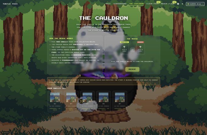 A pixel-art interface for "The Cauldron" explains the share mechanics of the Turtle Pepe collection, where users pick two shelly shells to merge, with a "Your Shellys (13)" inventory displayed below and a "Merge" button visible on the right panel.