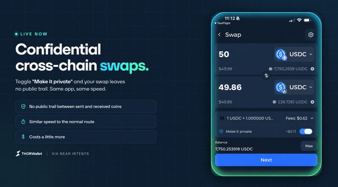 A promotional image for THORWallet announcing "Confidential cross-chain swaps," featuring a smartphone interface showing a USDC swap of 50 to 49.86 with a "Make it private" toggle enabled.