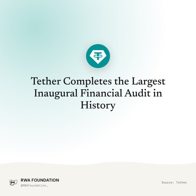 A graphic with the Tether logo stating 'Tether Completes the Largest Inaugural Financial Audit in History', credited to 'RWA FOUNDATION' and sourced from 'Tether'.