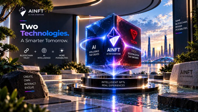 A promotional graphic for "AINFT" featuring a glowing holographic cube displaying "AI INTELLIGENCE THAT CREATES," "AINFT AI FOR EVERYONE," and "TRON DECENTRALIZATION THAT EMPOWERS," set in a modern outdoor environment.
