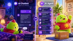 An advertisement graphic comparing 'AI Chatbot' and 'AI Agent' services with a cute green mascot character.