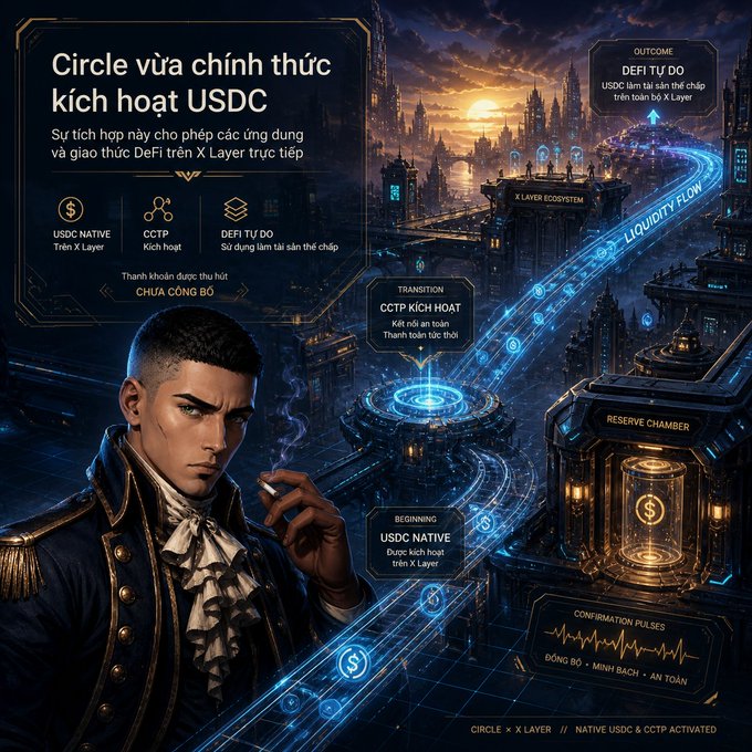 Digital infographic in Vietnamese titled 'Circle vừa chính thức kích hoạt USDC' featuring an illustrated man in a blue coat smoking, alongside futuristic city visuals and text about 'CCTP KÍCH HOẠT' and 'USDC NATIVE'.