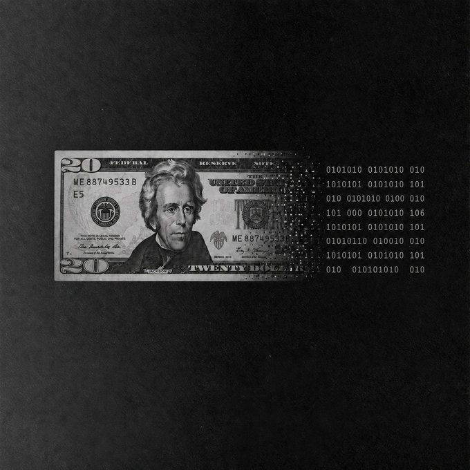 A $20 Federal Reserve Note with serial number ME88749533B dissolves into binary code against a black background, visually representing the transition from physical currency to digital "onchain" money. The pixelation effect on the right side of the bill symbolizes how traditional fiat is being replaced by a new digital monetary era.