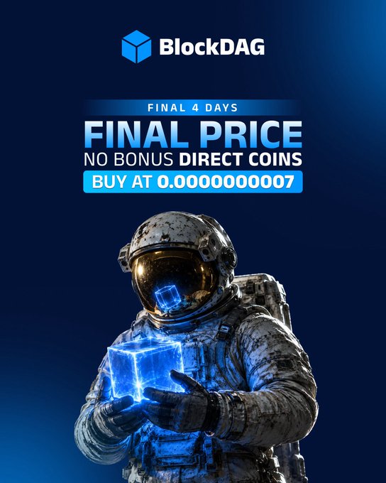 An astronaut holds glowing blue cubes representing BlockDAG cryptocurrency, with promotional text announcing "FINAL 4 DAYS" and a final direct price of "0.0000000007" with no bonus allocation, matching the post's urgent message about the BDAG presale closing on October 13.