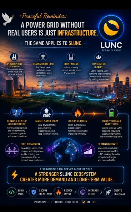 A LUNC (Terra Classic) cryptocurrency infographic titled 'Peaceful Reminder: A Power Grid Without Real Users Is Just Infrastructure,' illustrating the ecosystem components including power plant, transmission grid, substations, consumers, control center, maintenance crew, loss reduction, energy storage, grid expansion, and demand growth.