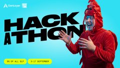 A promotional banner for a 'HACK A THON' featuring a person in a red hoodie and hat shouting enthusiastically, with the DappLooker logo.