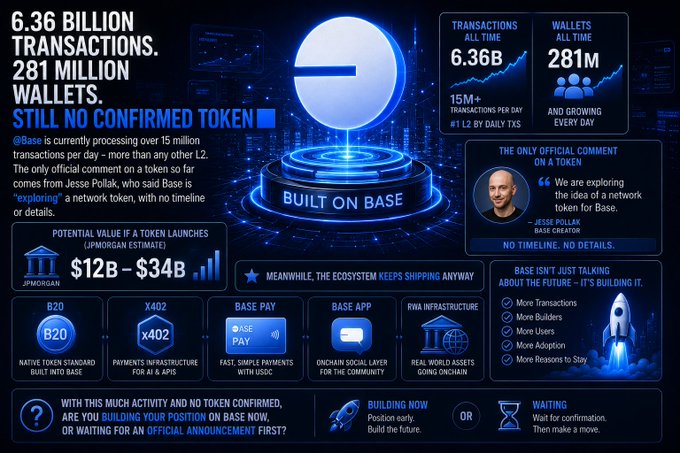A digital infographic titled 'BUILT ON BASE' highlights stats including '6.36 BILLION TRANSACTIONS' and '281 MILLION WALLETS', featuring a quote from Jesse Pollak about exploring a network token, with an estimated potential value of $12B – $34B.