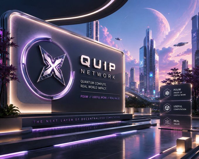 A futuristic cityscape advertisement displays the "QUIP NETWORK" logo with text reading "QUANTUM COMPUTE. REAL WORLD IMPACT." and "POUW /// USEFUL WORK /// REAL VALUE," along with three highlighted pillars labeled "POUW PROOF OF USEFUL WORK," "USEFUL COMPUTATION," and "REAL VALUE," visually reinforcing the post's concept of quantum compute as a decentralized, network-based resource that delivers tangible, useful work rather than abstract processing power.