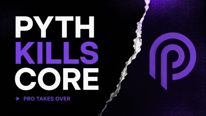 Promotional graphic with text 'PYTH KILLS CORE' and 'PRO TAKES OVER' displayed in white and purple text next to a purple Pyth Network logo and a torn paper effect.