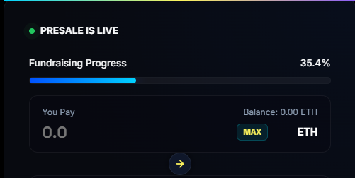A cryptocurrency presale dashboard showing "PRESALE IS LIVE" with a fundraising progress bar at 35.4%, a payment input field set at 0.0 ETH with a balance of 0.00 ETH. The image illustrates the critic's point about the presale's modest fundraising progress, highlighting concerns about whether the project's economics justify claims of capturing tokens minted on the WAGMI platform at the stated 20k market cap.