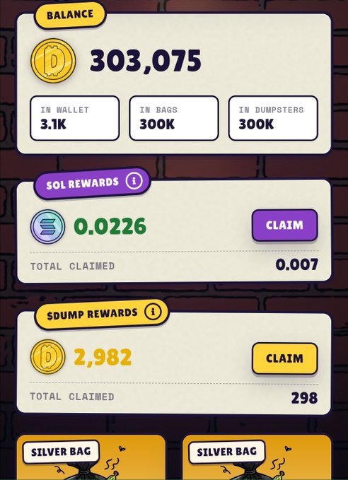 A mobile app dashboard showing a balance of 303,075 tokens (3.1K in wallet, 300K in bags/dumpsters), with 0.0226 SOL rewards and 2,982 $DUMP rewards available to claim.