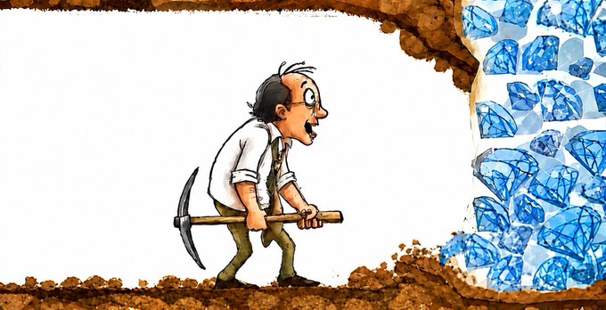 A cartoon miner with a pickaxe discovers a large cache of blue diamonds while digging underground.