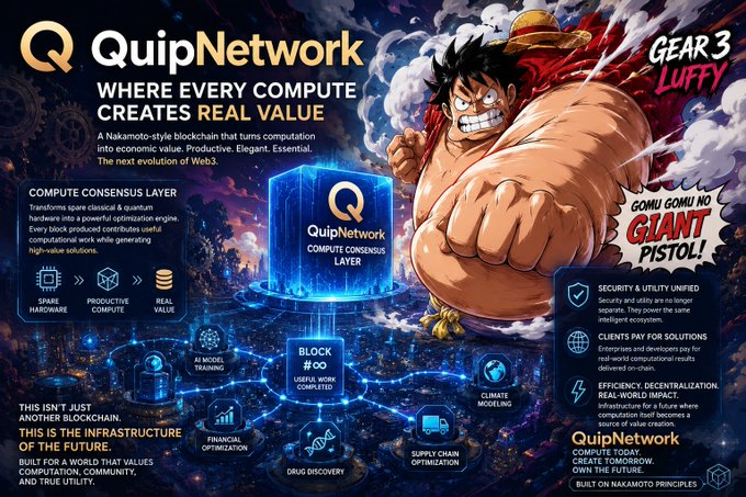 The image features a poster or advertisement promoting QuipNetwork, which is an innovative approach to blockchain technology. The poster showcases a character from "Guardians of the Galaxy" wearing a red suit with a large gun, symbolizing the power and potential of QuipNetwork's vision for the future of computing and value creation in the digital world. The text on the poster highlights how QuipNetwork uses a distributed consensus layer to create real economic value instead of wasting energy on inefficient centralized systems.