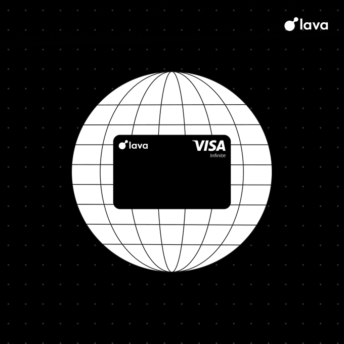 The image features a black and white illustration of a globe with a Visa credit card placed at its center, surrounded by small white lines. The text accompanying the image reads "Lava Card can be used anywhere Visa is accepted internationally - 150M+ merchants in more than 150 countries. No annual fee, no FX fee, you can spend stablecoins directly, and you earn BTC rewards." This suggests that the card is designed to cater to a global audience and offers benefits for users who travel or engage with international businesses.