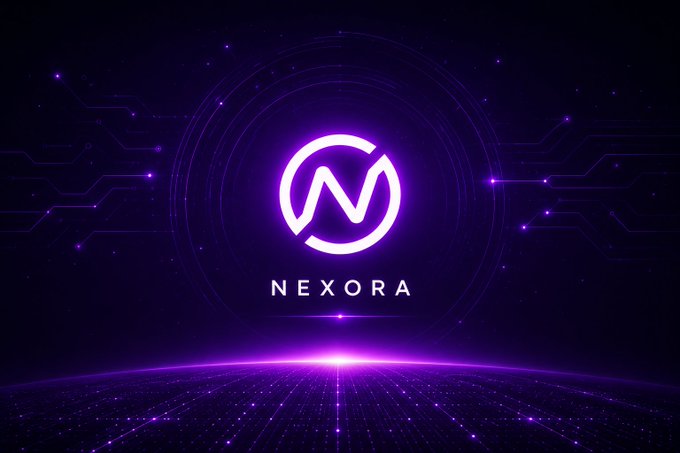 A neon purple logo for 'NEXORA' is displayed against a futuristic, tech-themed background with circuit lines and a glowing horizon.