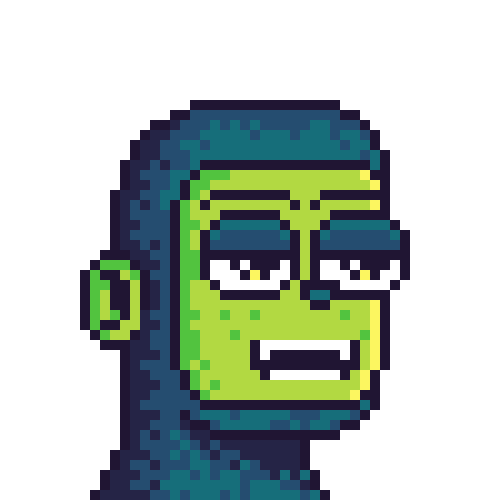 A pixel art illustration of a green-skinned humanoid character with a blue head covering, smiling with visible teeth.