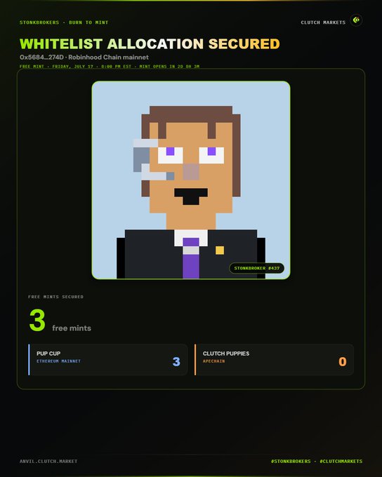 A Clutch Markets NFT page showing a pixel art 'STONEBROKERS' character with the headline 'WHITELIST ALLOCATION SECURED' and '3 free mints' for the Robinhood Chain mainnet.