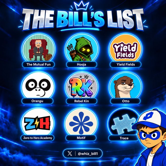 A promotional graphic titled 'THE BILL'S LIST' featuring nine circular character logos including 'The Mutual Fun', 'Hooja', 'Yield Fields', 'Orangu', 'Rebel Kin', 'Otto', 'Zero to Hero Academy', 'Motif', and 'Trace', with the handle @whiz_bill1.